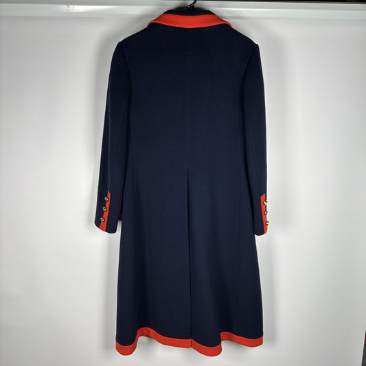 Vtg 1960s Lord & Taylor Navy Red Wool Overcoat Union Made Oversized Collar M/L