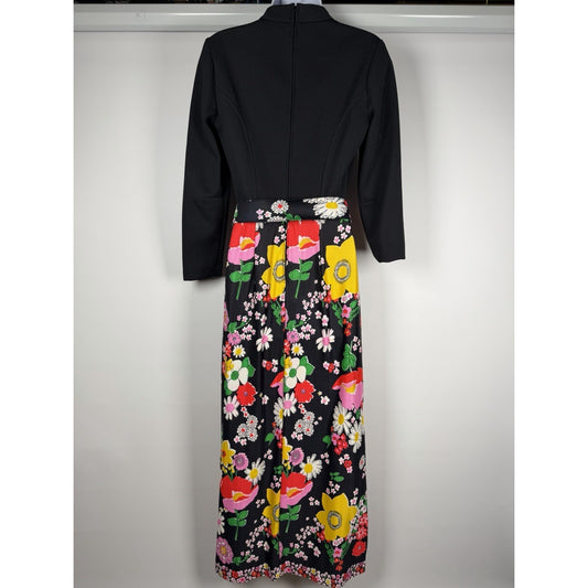 1960s Eve Carver Long Sleeve Black Floral Maxi Dress With Belt - Small