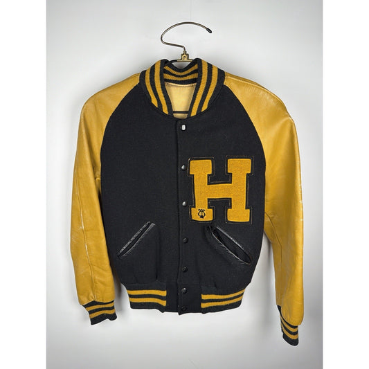 Vintage 1940s-50s black wool and gold leather varsity jacket, H patch