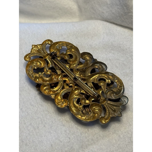 Antique Late Victorian Rococo Revival Brooch, c. 1870–1895 Black Glitter Floral