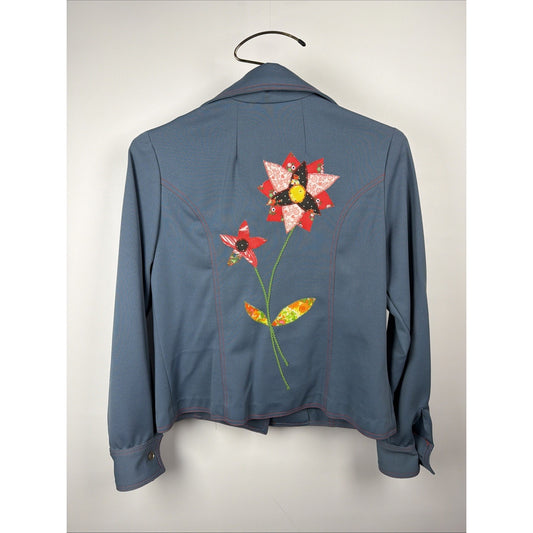 Vtg 70s Poly Chambray Folk Art Shirt Patchwork Appliqué Flowers Hippie