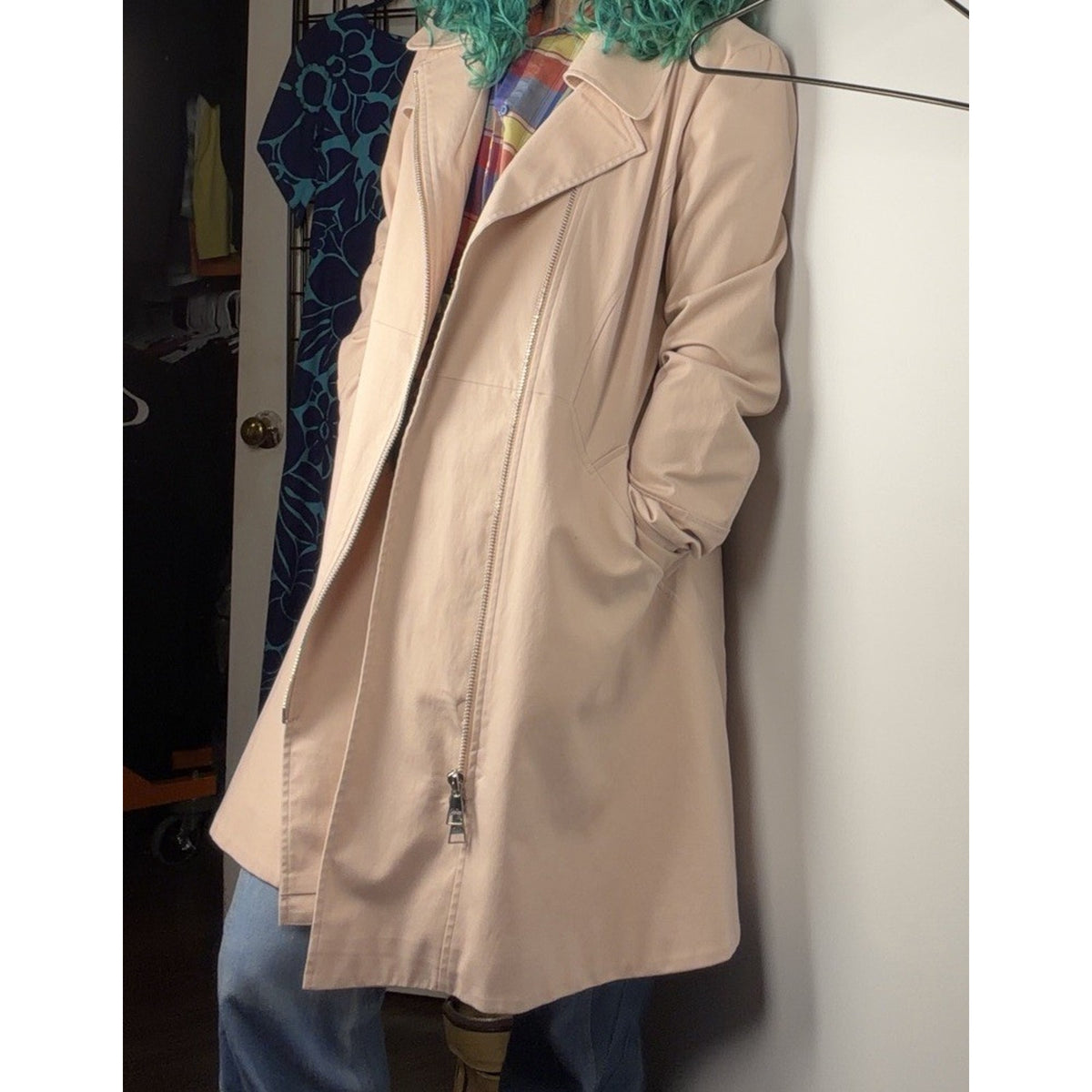 Karl Lagerfeld Blush Pink Cotton Blend Moto Zip Trench Lightweight Sz Med