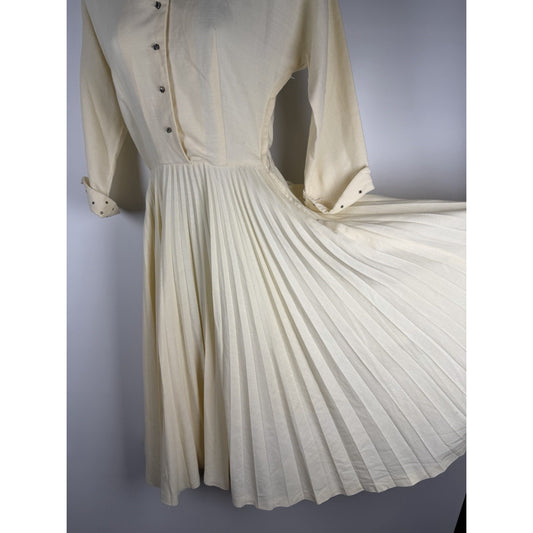 1950s Vintage Jonathan Logan Accordion Skirt White Dress With Rhinestones
