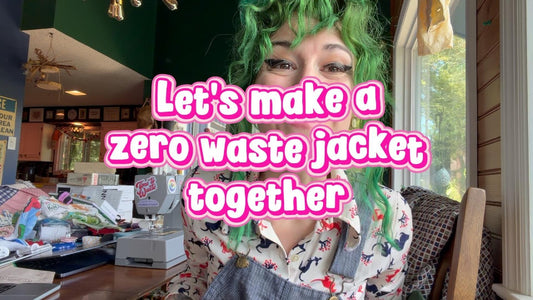 Sami holding up fabric with the text 'Let's make a zero waste jacket together' — bog jacket sewing tutorial thumbnail