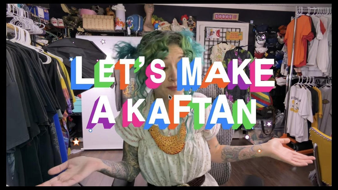 Sami in her vintage shop with the text 'Let's make a kaftan' — easy no-pattern kaftan sewing tutorial thumbnail