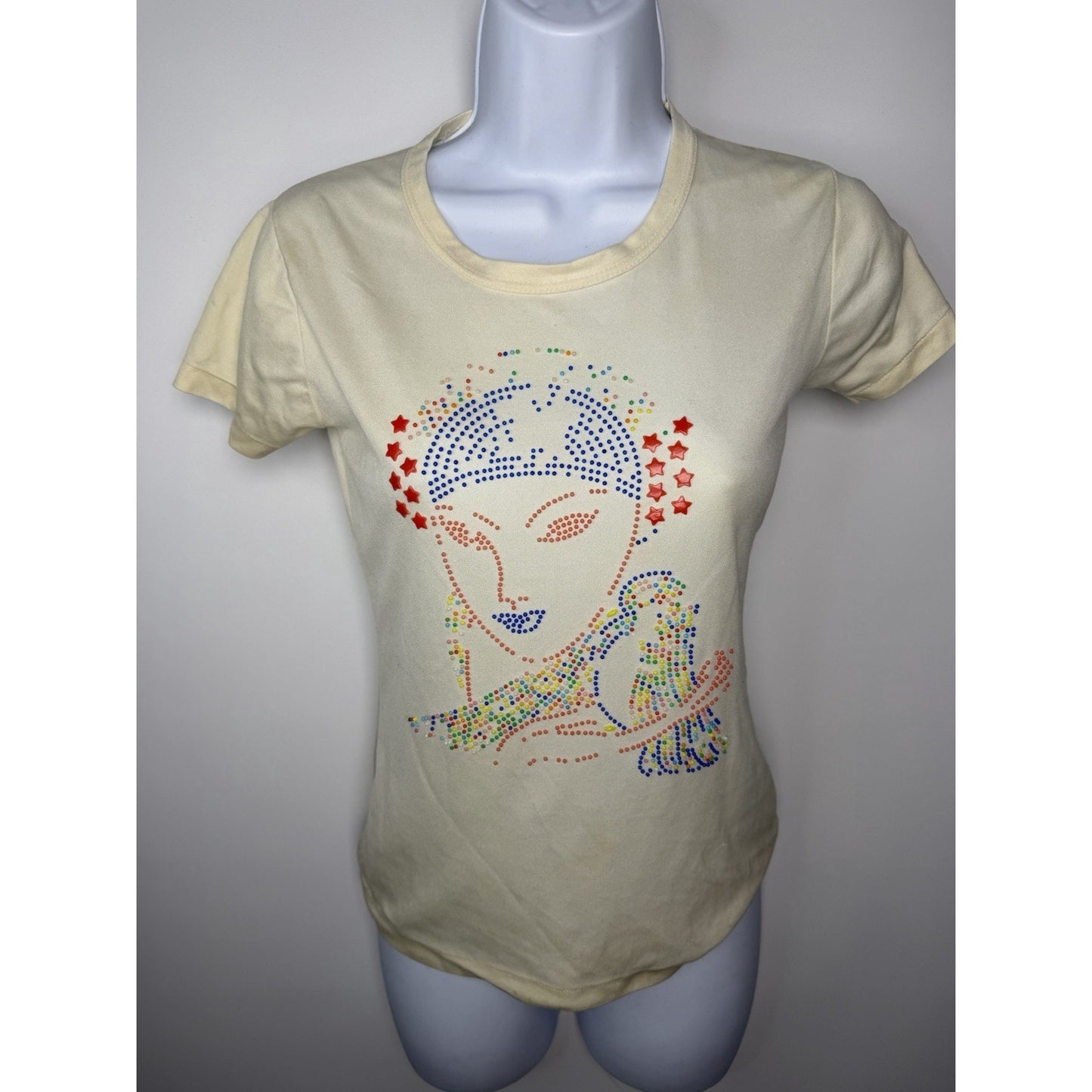 1970s Novelty Baby Tee Art Deco Embellished Lady Small Vintage Polyester