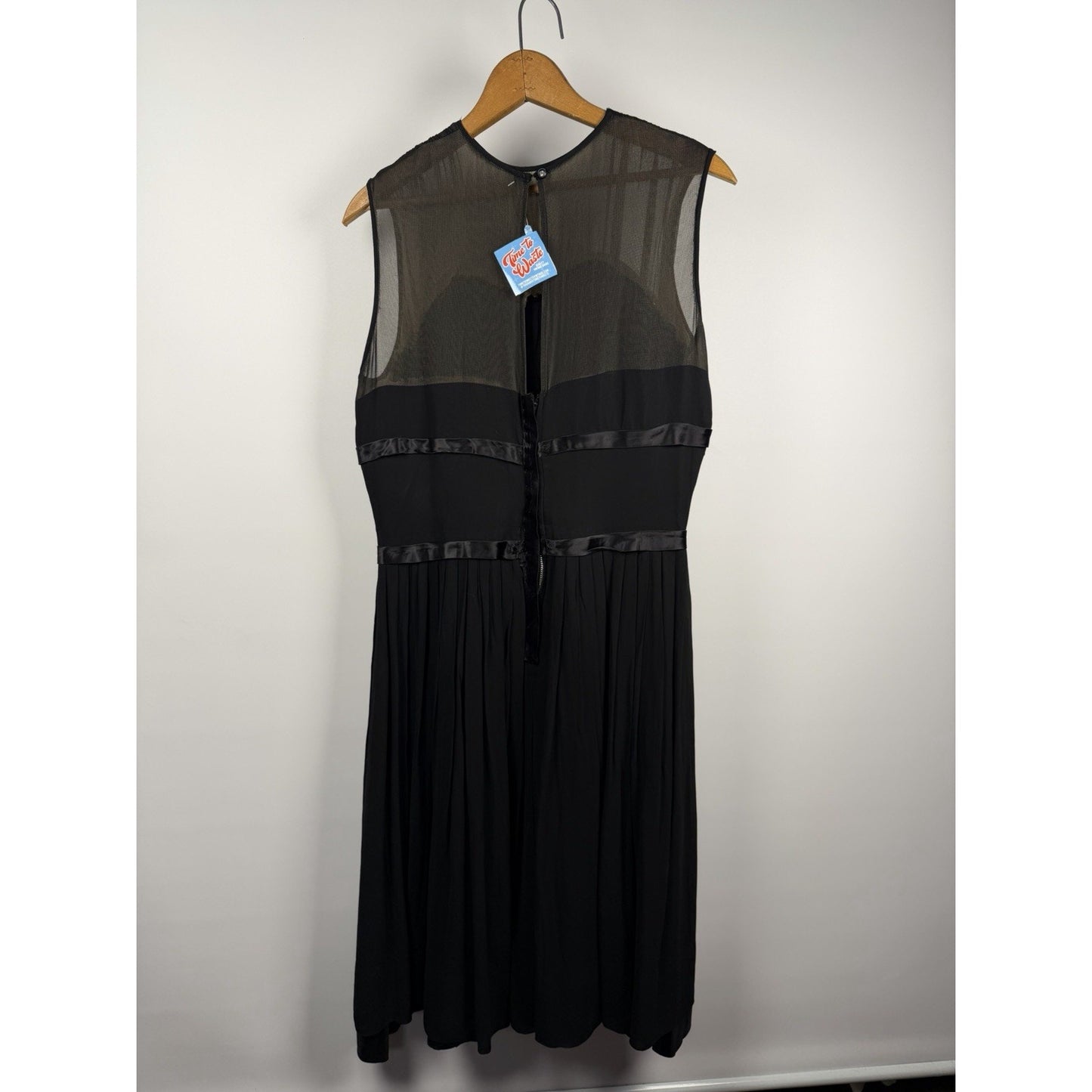 Vintage 1950s Mid Century Retro Black Chiffon Pleated Fit Flare Sleeveless Dress