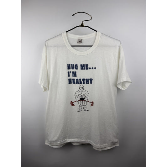 Vintage 70s Hug Me I’m Healthy Rare Weightlifting Bodybuilding Gym Tee XL 23x28