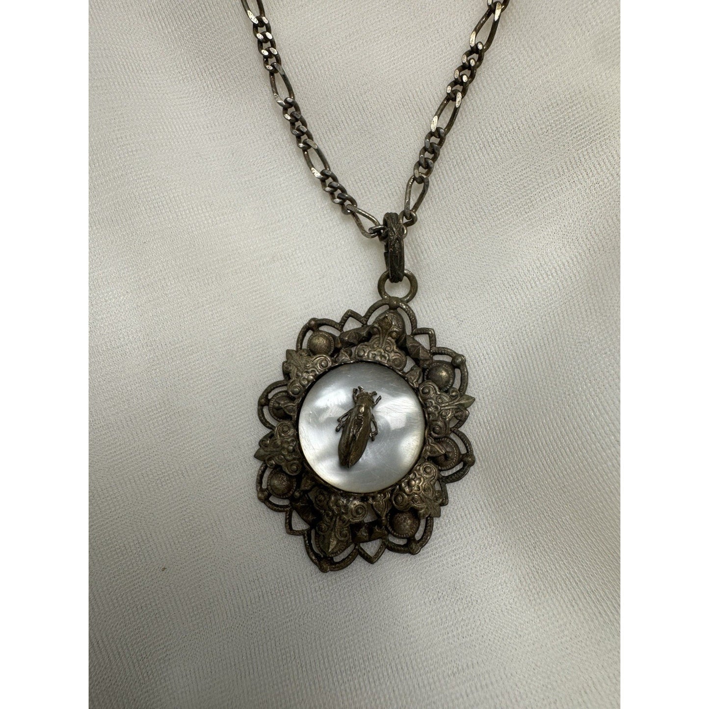 Antique c. 1820–1845 Mother-of-Pearl Cicada Necklace, Open Metalwork Hand Made