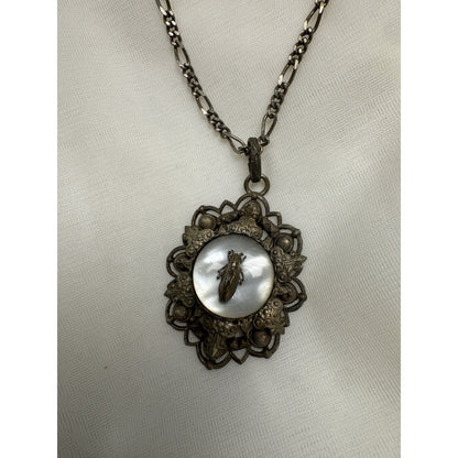 Antique c. 1820–1845 Mother-of-Pearl Cicada Necklace, Open Metalwork Hand Made
