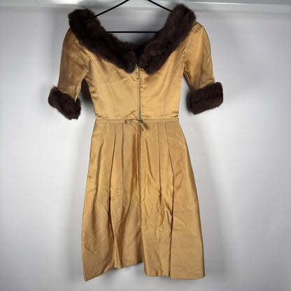 RARE 1940s Martha Phillips Couture Gold Wedding Guest Evening Gown With Fur Trim