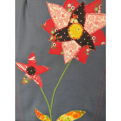 Vtg 70s Poly Chambray Folk Art Shirt Patchwork Appliqué Flowers Hippie