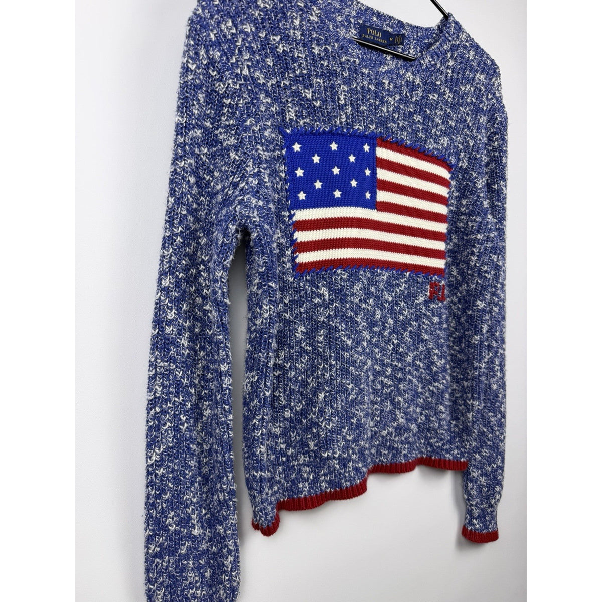 Polo Ralph Lauren American Flag Knit Sweater Blue White Marled Womens Medium