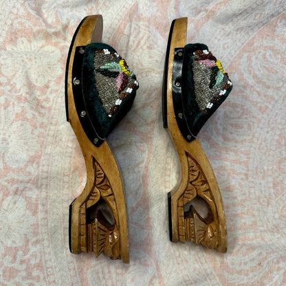 1970s hand-carved wooden, beaded, velvet wedge heels size 10