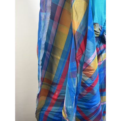 Vintage 1970s Dress Maxi Chiffon Overlay Bow Blue Pink Plaid L/XL Stunning