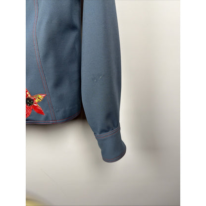 Vtg 70s Poly Chambray Folk Art Shirt Patchwork Appliqué Flowers Hippie