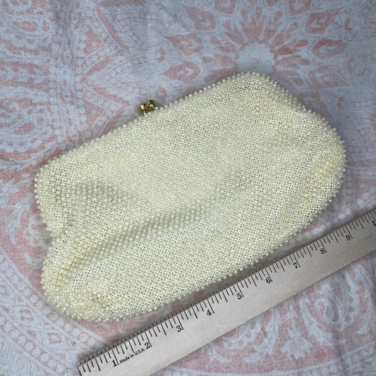 1950s Corde Bead bag kiss-lock, white beaded clutch