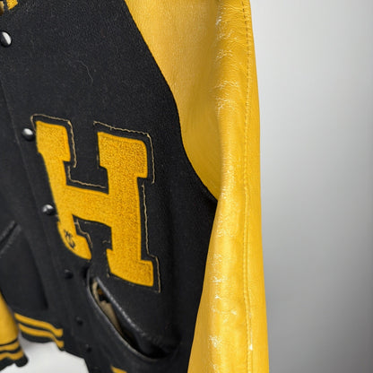 Vintage 1940s-50s black wool and gold leather varsity jacket, H patch