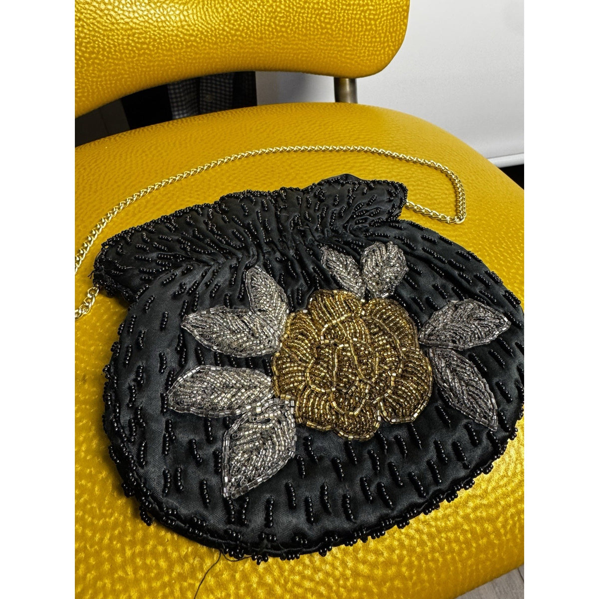 Vintage MCM 1950s La Regale Beaded flower Black Silver Gold evening Bag