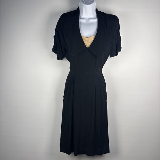 Party Lines BY Emma Domb Vintage 1940s Black Dress LBD XS/S Pockets! Collar!