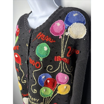 Vintage Y2K Happy New Year Heirloom Collectibles Sweater Womens Medium Black