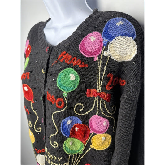 Vintage Y2K Happy New Year Heirloom Collectibles Sweater Womens Medium Black