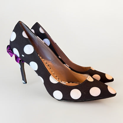Betsey Johnson Polka Dot Pumps with Purple Ruffle Women's size 6.5 EUC - 4" Heel