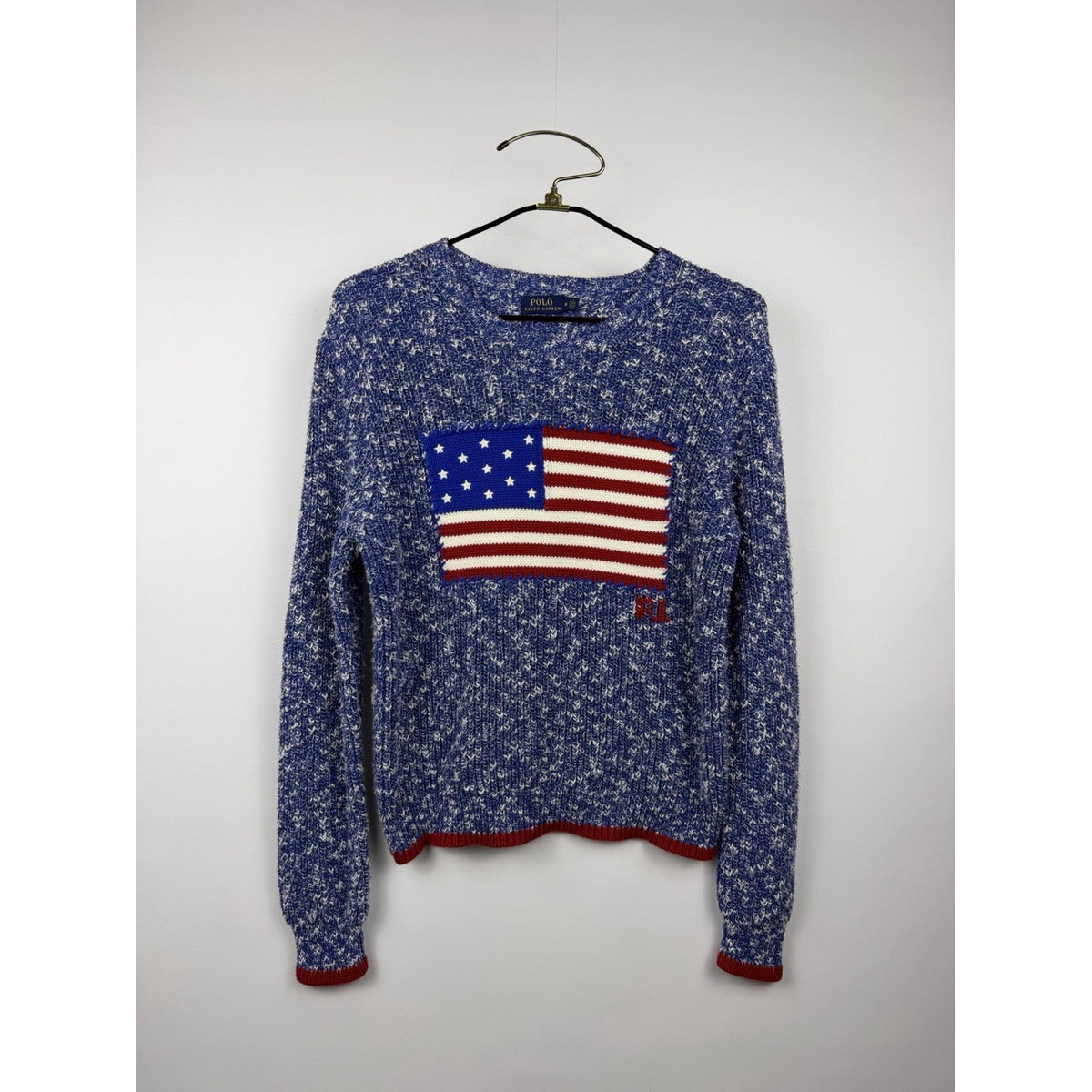 Polo Ralph Lauren American Flag Knit Sweater Blue White Marled Womens Medium