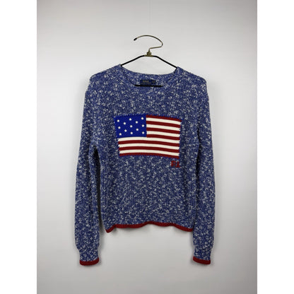 Polo Ralph Lauren American Flag Knit Sweater Blue White Marled Womens Medium