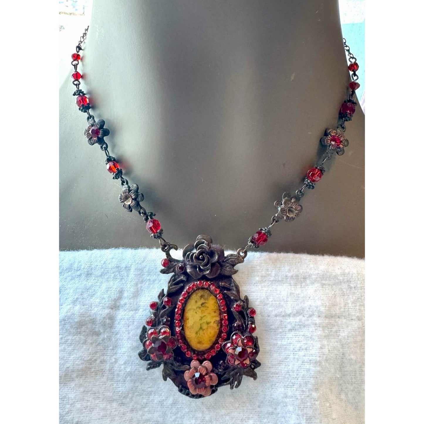 Antique Victorian Painted Glass Floral Necklace Bronze Red Glass Pendant