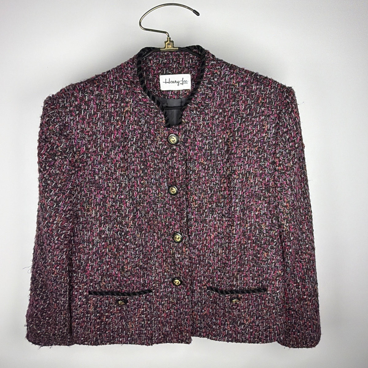 Vintage Henry Lee pink, black and gold boucle tweed boxy jacket, L/XL