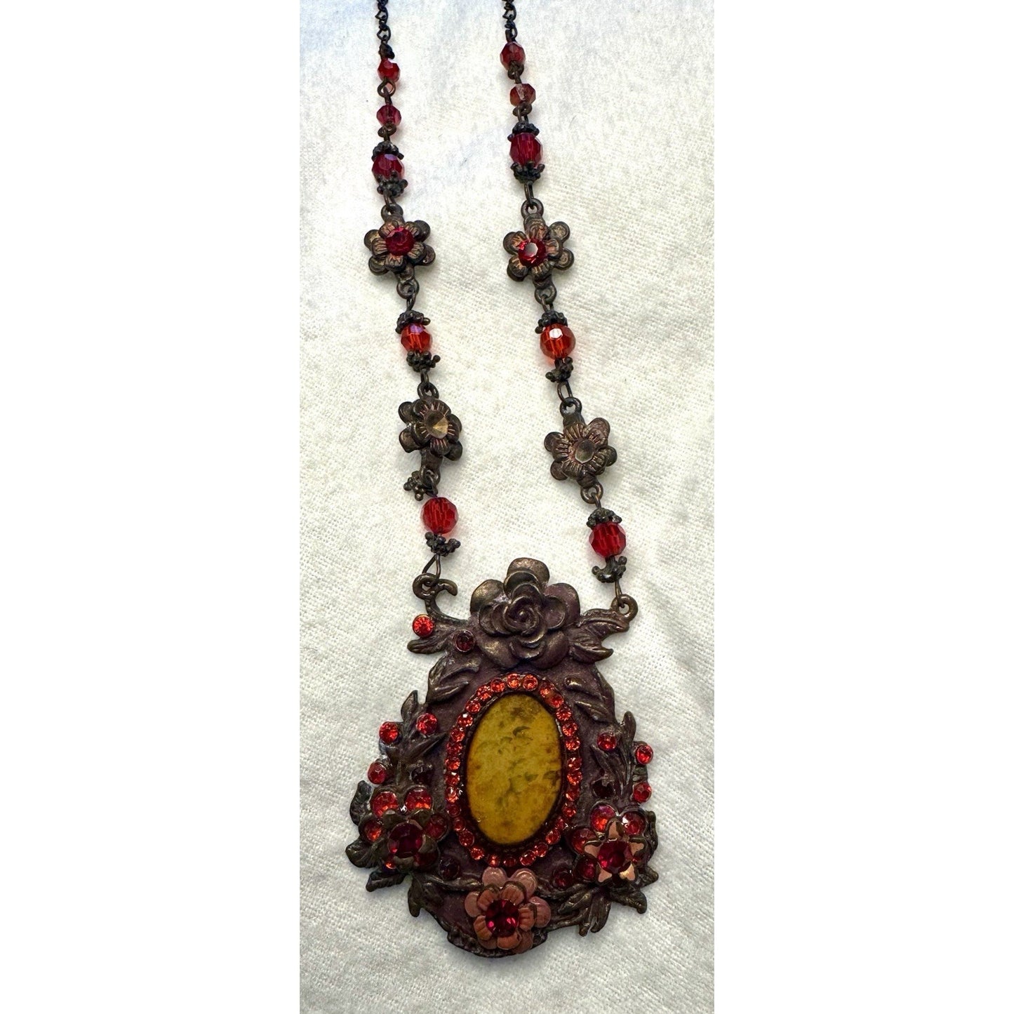 Antique Victorian Painted Glass Floral Necklace Bronze Red Glass Pendant