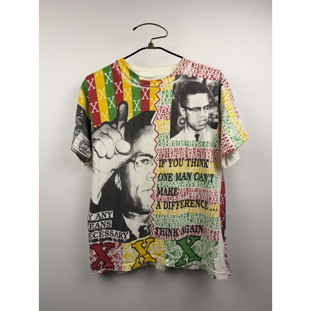 Vintage 90s Malcolm X "By Any Means Necessary" all over print tee, L