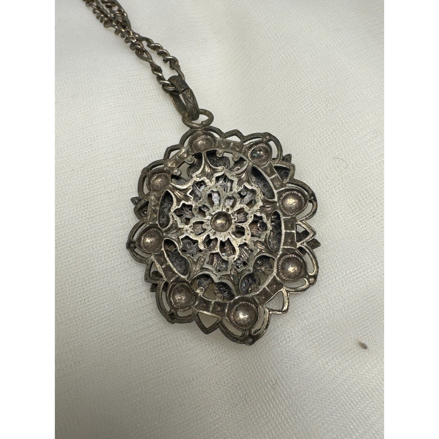 Antique c. 1820–1845 Mother-of-Pearl Cicada Necklace, Open Metalwork Hand Made