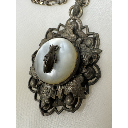 Antique c. 1820–1845 Mother-of-Pearl Cicada Necklace, Open Metalwork Hand Made