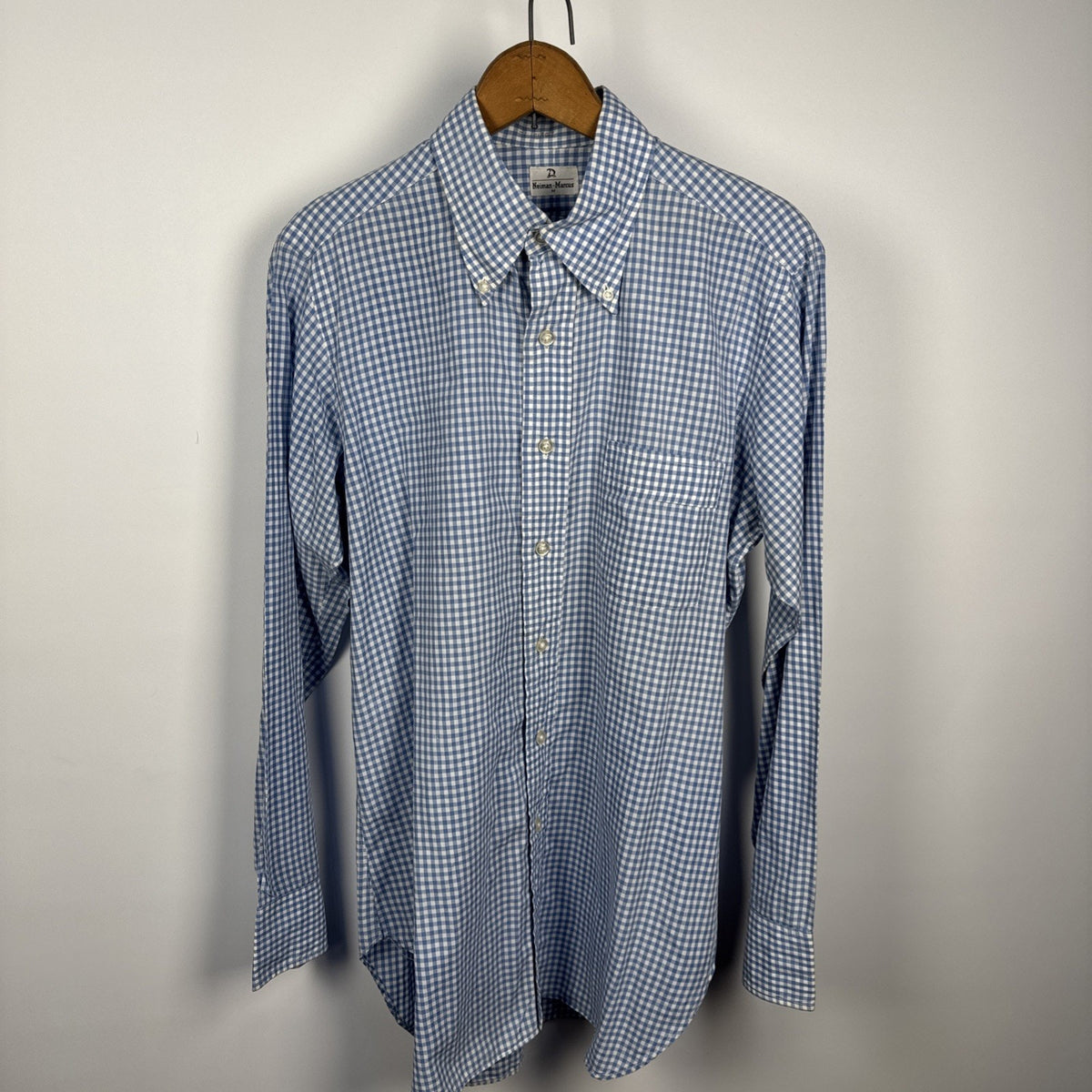 1970s Neiman Marcus Men’s Blue White Checked Button Down Shirt