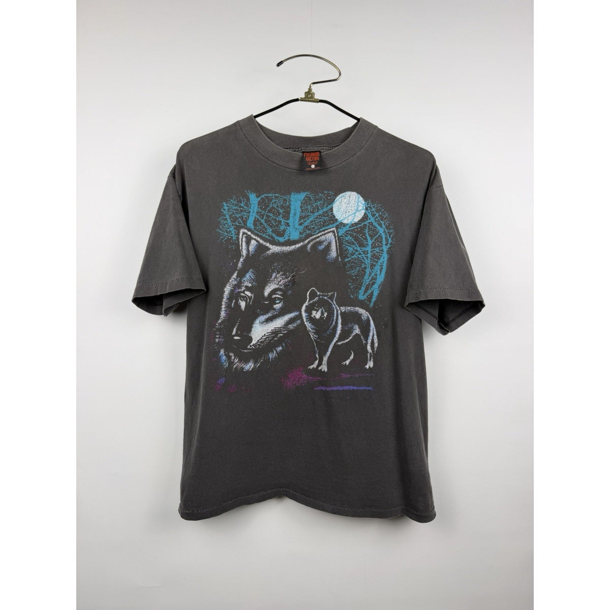 Vintage 90s Fashion Victim wolf tee, heavy fade, single stitch, L