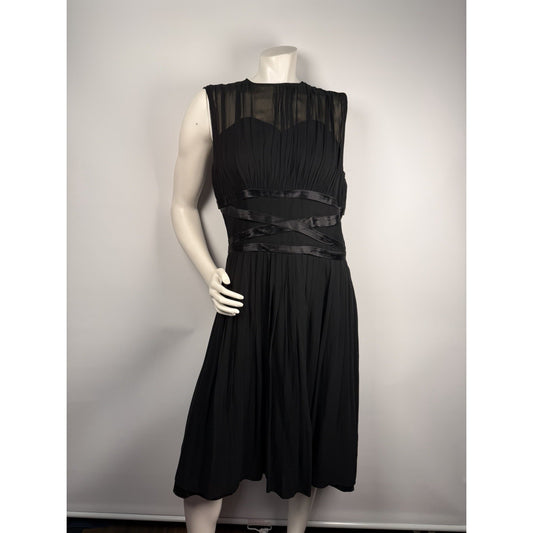 Vintage 1950s Mid Century Retro Black Chiffon Pleated Fit Flare Sleeveless Dress