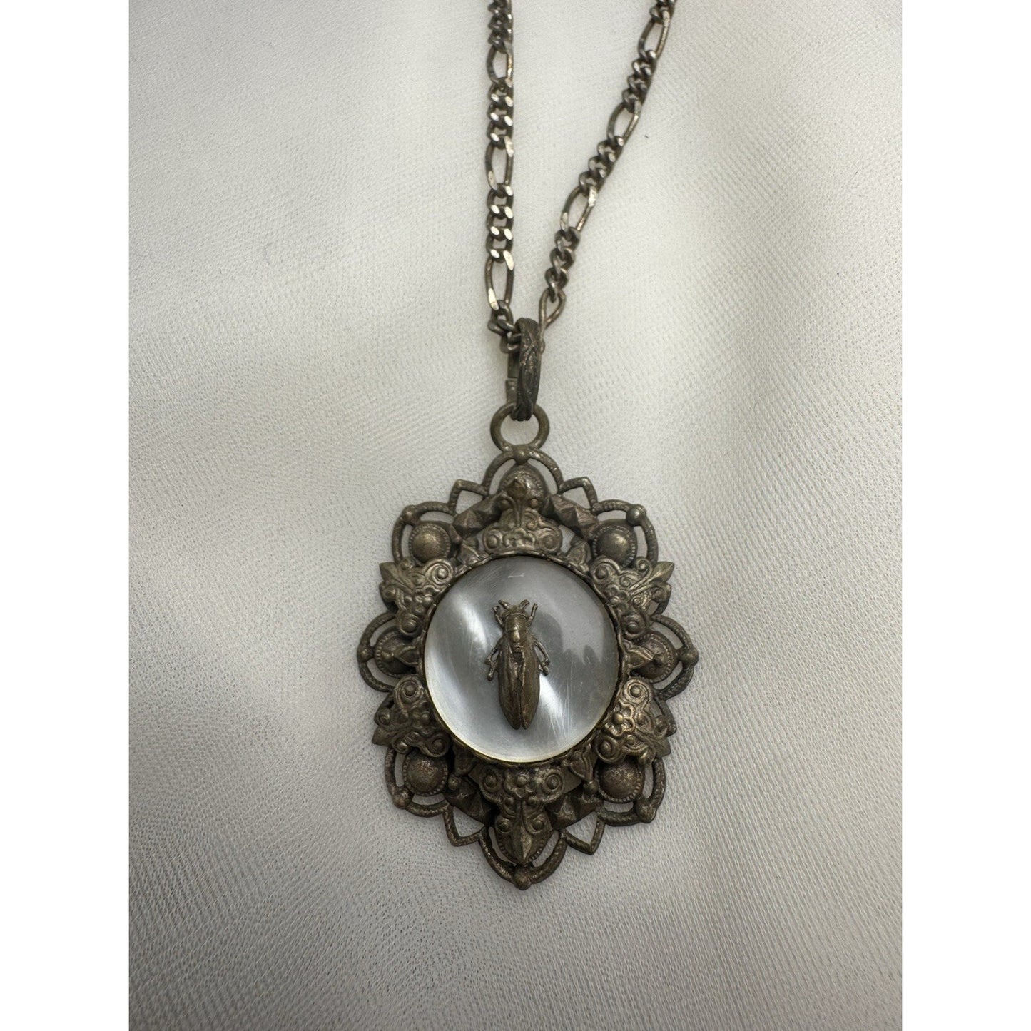 Antique c. 1820–1845 Mother-of-Pearl Cicada Necklace, Open Metalwork Hand Made