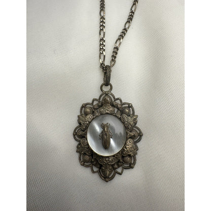 Antique c. 1820–1845 Mother-of-Pearl Cicada Necklace, Open Metalwork Hand Made