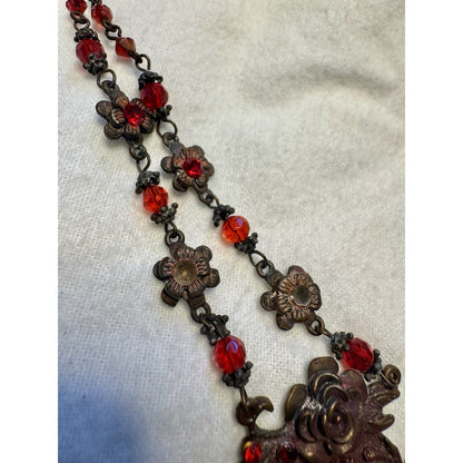 Antique Victorian Painted Glass Floral Necklace Bronze Red Glass Pendant