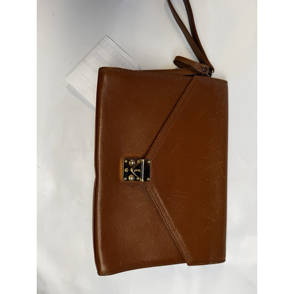 Vintage 1990s Yves Saint Laurent brown leather envelope clutch wrist strap