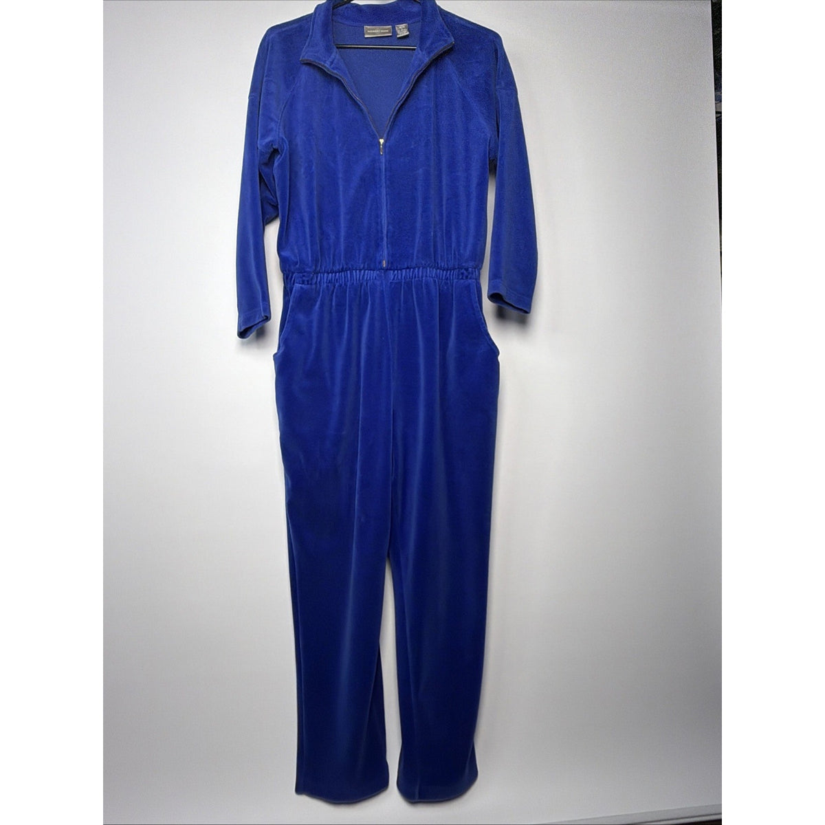 Vintage 1980s Nordstrom blue velour full zip jumpsuit with pockets, L