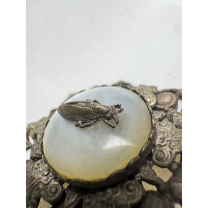 Antique c. 1820–1845 Mother-of-Pearl Cicada Necklace, Open Metalwork Hand Made