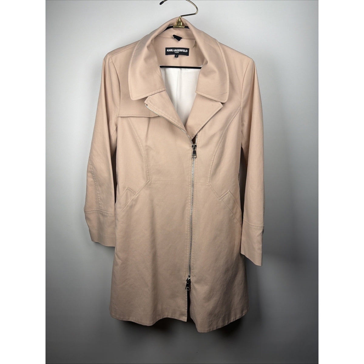 Karl Lagerfeld Blush Pink Cotton Blend Moto Zip Trench Lightweight Sz Med