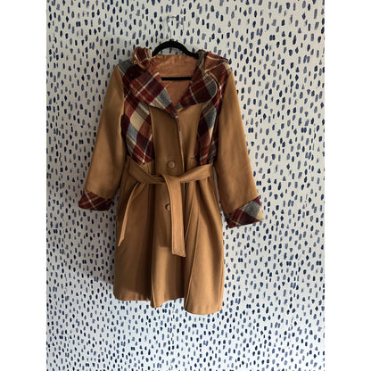 Scholarly appeal, brown plaid flared peacoat (1970s)