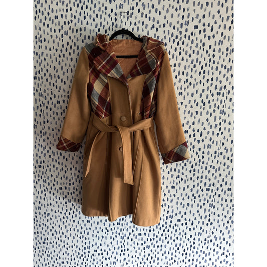 Scholarly appeal, brown plaid flared peacoat (1970s)