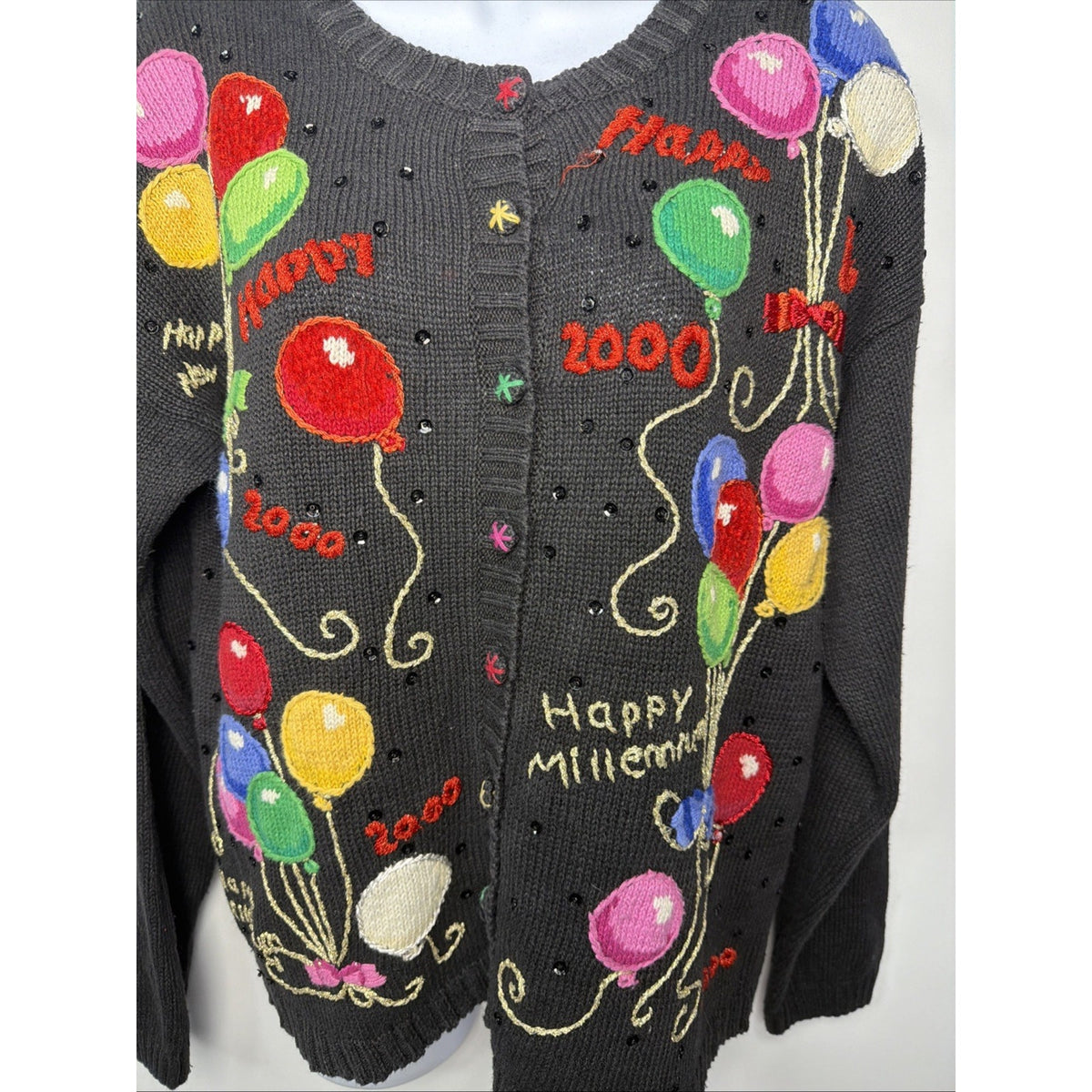 Vintage Y2K Happy New Year Heirloom Collectibles Sweater Womens Medium Black