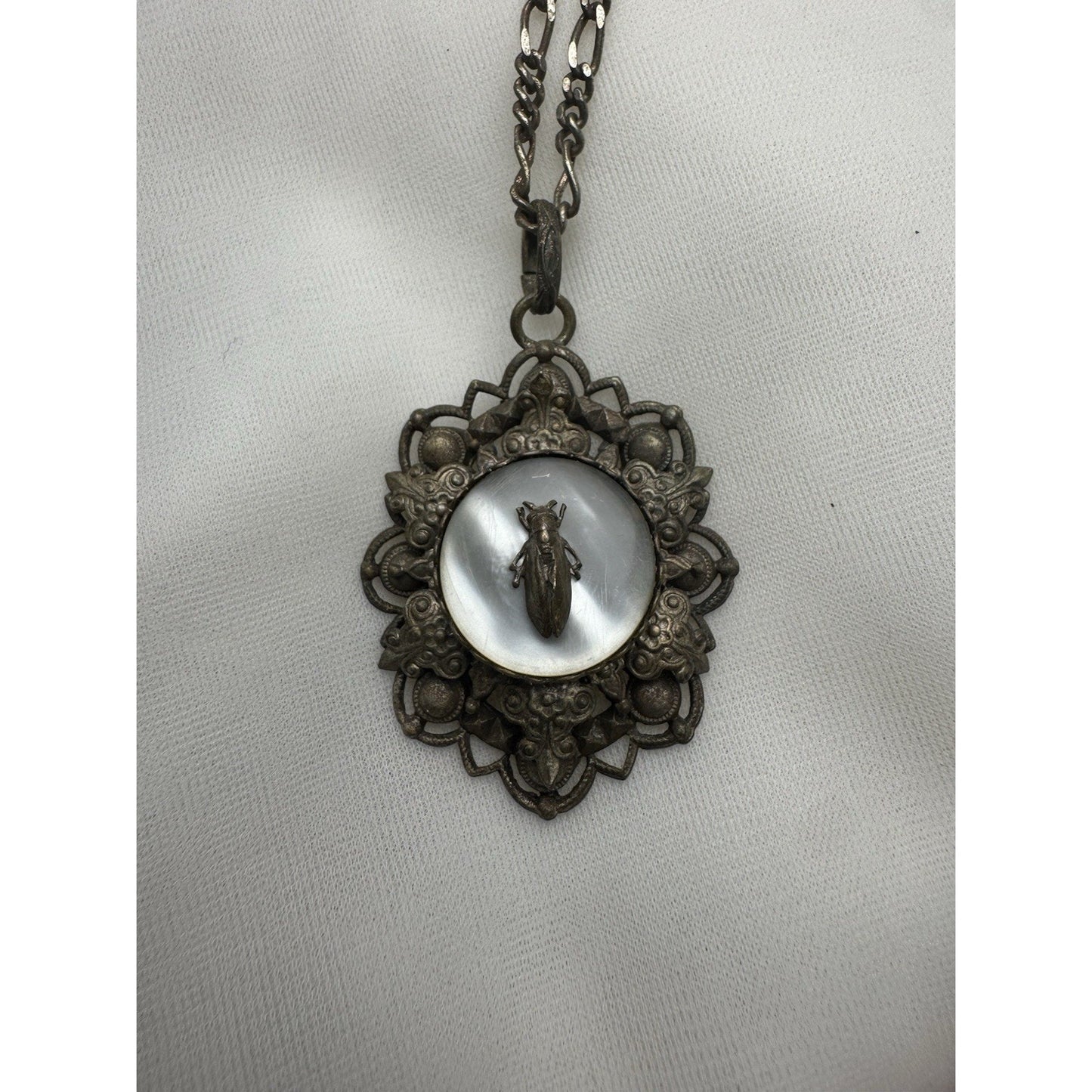 Antique c. 1820–1845 Mother-of-Pearl Cicada Necklace, Open Metalwork Hand Made