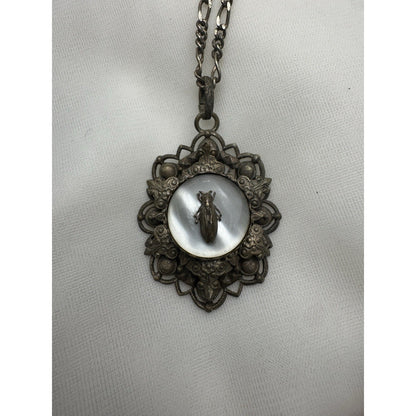 Antique c. 1820–1845 Mother-of-Pearl Cicada Necklace, Open Metalwork Hand Made